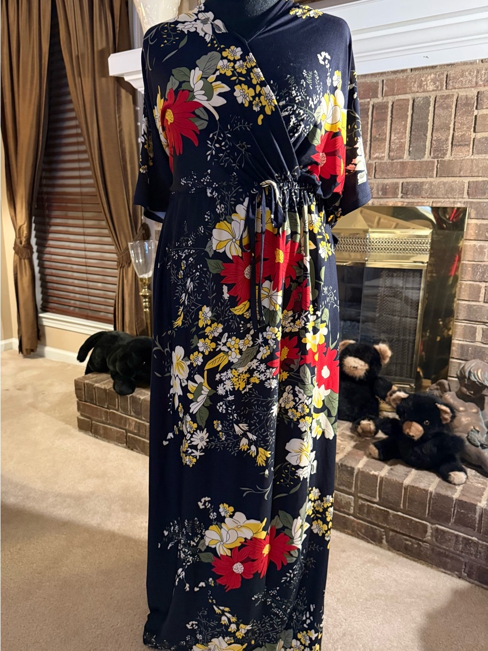 Navy Floral Wrap Maxi Dress with Red & Yellow Blooms